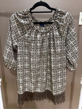 Westbound Brown and Cream Patterned Peasant Blouse/Tunic